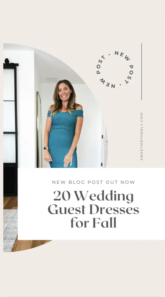 20-Affordable-Wedding-Guest-Dresses-for-Fall - Sweet Motherly A woman in a blue dress standing next to a wall.